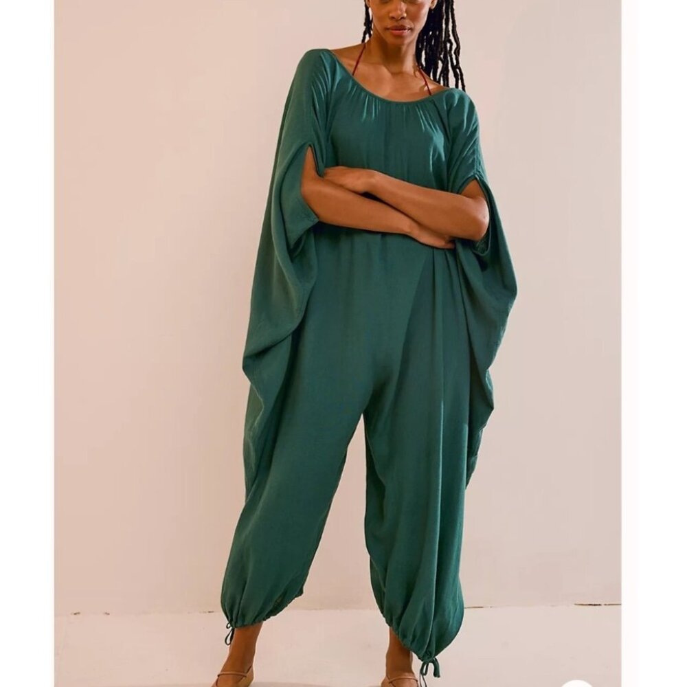 Free‎ People Milo One Piece Jumpsuit lagen beach green linen 90s oversized sz XS